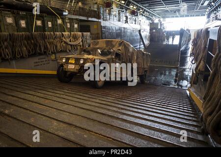 CORAL SEA (Juli 24, 2017) ein Marine Fahrzeug disembarks Landing Craft utility 1666 in der gut Deck des amphibious Transport dock USS Green Bay LPD (20) Nach der Talisman Sabre 17. Talisman Säbel ist eine Biennale USA - Australien bilaterale Übung gehalten weg von der Küste von Australien gedacht, um die Interoperabilität zu erreichen und den USA - Australien Bündnis stärken. Stockfoto