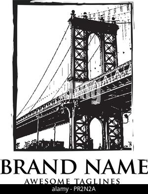 Brooklyn Bridge silhouette Logo Design, Illustration im Stil von flachen Design auf das Thema von Brooklyn, T-shirt Print Design, Brooklyn Bridge New York Cit Stock Vektor