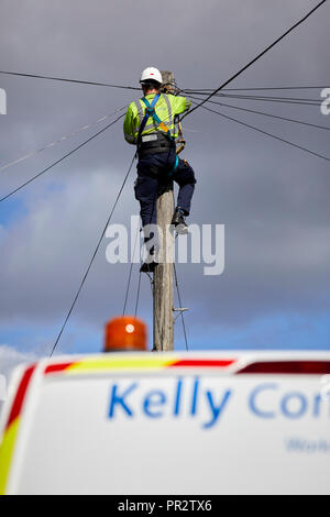 Fremdfirmen telecome Ingenieur von Kelly Communications klettern einen Telefonmast eine Telefonleitung, die Subunternehmer für BT Openreach in Ma zu beheben Stockfoto