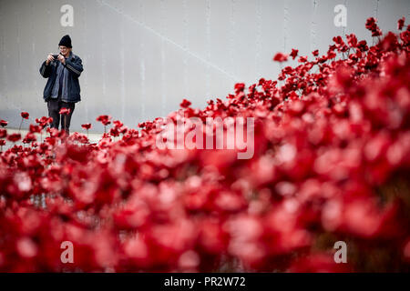 Copyspace, IWMN Wave cascade mehrere Tausend handgefertigte Keramik Mohnblumen Skulpturen von einem Besucher Bilder nehmen auf seine Kamera fotografiert Stockfoto