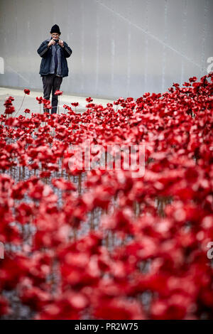 Copyspace, IWMN Wave cascade mehrere Tausend handgefertigte Keramik Mohnblumen Skulpturen von einem Besucher Bilder nehmen auf seine Kamera fotografiert Stockfoto