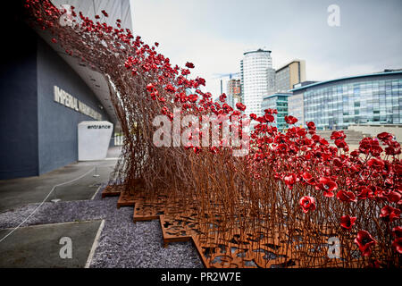 IWMN Wave cascade mehrere Tausend handgefertigte Keramik Mohnblumen Skulpturen des Künstlers Paul Cummins und Designer Tom Piper im Imperial War Museum North Stockfoto