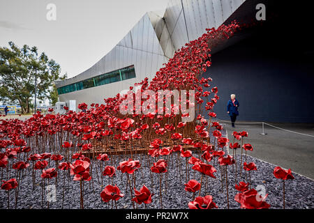 IWMN Wave cascade mehrere Tausend handgefertigte Keramik Mohnblumen Skulpturen des Künstlers Paul Cummins und Designer Tom Piper im Imperial War Museum North Stockfoto