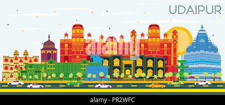 Udaipur Indien Skyline der Stadt mit Gebäuden und blauer Himmel. Vector Illustration. Business Travel und Tourismus Konzept mit historischer Architektur. Stock Vektor