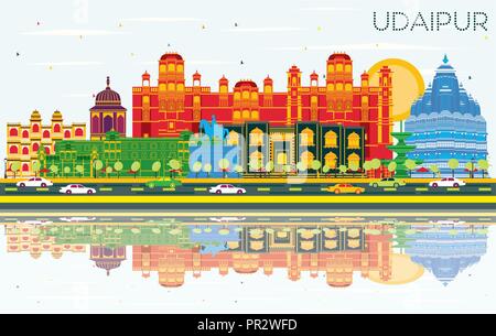 Udaipur Indien Skyline der Stadt mit Gebäuden, blauer Himmel und Reflexionen. Vector Illustration. Stock Vektor