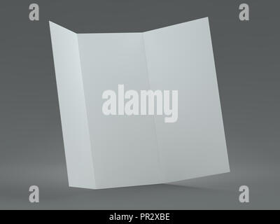 Weiße Vorlage Faltblatt auf grauem Hintergrund. Mockup. 3D-Rendering Stockfoto