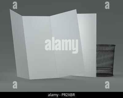 Weiße Vorlage Faltblatt auf grauem Hintergrund. Mockup. 3D-Rendering Stockfoto