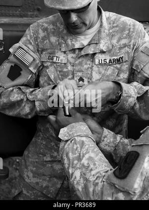 Sgt. John Gatti, mit 1St Bataillon, 130 Luftfahrt, North Carolina Army National Guard, passt die Waffen Auswurfsystem auf einem AH-64D Apache Kampfhubschrauber am Joint Readiness Training Center, Fort Polk, Louisiana, 22. Juli 2017. Stockfoto