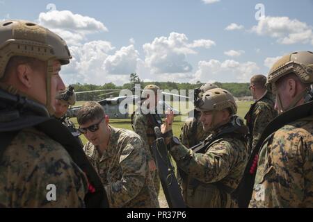 CAMP ÄSCHE, Mich.-US-Marines mit Echo Firma, 4 Reconnaissance Battalion, 4th Marine Division, Marines Kräfte finden, prüfen Sie Ihre Ausrüstung, bevor Sie eine helocast Übung von einem US-Marine Sikorsky SH-60 Seahawk vom Meer Combat Squadron 22 am Lager Äsche gemeinsame Manöver Center, Michigan, während der übung Northern Strike 17, 31. Juli 2017. Helocasting ist eine zerstreute Technik von kleinen Einheiten und spezielle Funktionen für den Einsatz in militärischen Bereichen eingesetzt. Übung Northern Strike ist ein National Guard Bureau - geförderte Ausbildung übung, service Mitglieder aus verbindet Stockfoto