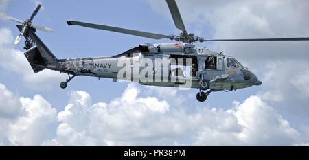 Ein UH-60 Blackhawk Helikopter fliegt über den See Margrethe in Camp Äsche gemeinsame Manöver Training Center (Ministerausschusses für Handelsfragen) während der Übung Northern Strike 2017. Northern Strike17 ist ein National Guard Bureau - geförderte Übung vereint rund 5.000 Service Mitglieder aus 13 Mitgliedstaaten und fünf Koalition Ländern während der ersten beiden Wochen im August 2017 im Camp Äsche Ministerausschusses für Handelsfragen und die alpena Combat Readiness Training Center, beide im nördlichen Michigan gelegen und durch die Michigan National Guard betrieben. Die neu zugelassenen NS 17 zeigt die Fähigkeit des Michigan National Guard zugänglich zur Verfügung zu stellen, Stockfoto