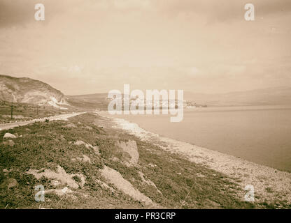 Einen malerischen Blick auf den Mt. Hermon und den See. Tiberias von der South Shore. 1940, Israel, Tiberias Stockfoto