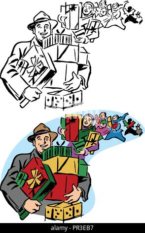 Eine Masse von Weihnachten Käufer mit armfuls der eingepackten Geschenke. Stock Vektor