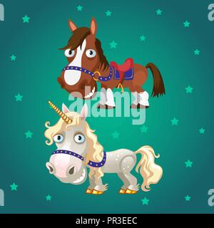 Niedlich Poster mit lächelnden Rennpferd und ein Einhorn mit goldenen Hufen. Vektor cartoon Close-up Abbildung. Stock Vektor