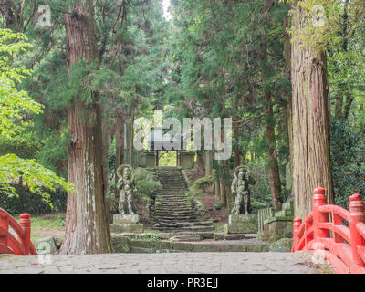 Nio Wächter und Steintreppen, Vorgehensweise bei Futagoji Tempel, Kanisaki, Oita, Kyushu, Japan. Stockfoto