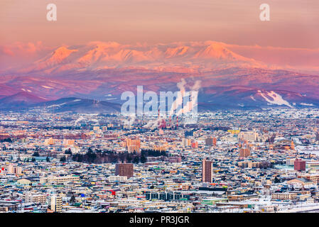 Asahikawa, Hokkaido, Japan Town Skyline im Winter. Stockfoto