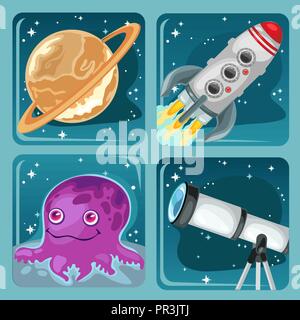 Niedlich Poster zum Thema Raumfahrt. Planet Saturn, fliegende Rakete, astronomische Teleskop, Alien lila Kraken. Vektor cartoon Close-up Abbildung. Stock Vektor