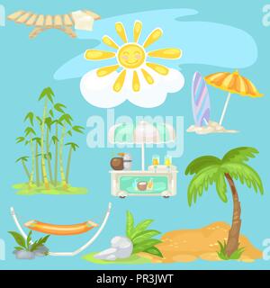 Niedlich Poster zum Thema Reisen. Helle Sonne am Strand, Sonnenbank, Palmen am Sandstrand, Kühler von Coconut Cocktails und Eis, Bambus, Surfbrett, Sonnenschirm. Vektor cartoon Close-up Abbildung. Stock Vektor