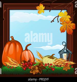 Stilvolle Poster auf Thema Der goldene Herbst. Zusammensetzung der trockenen Zweigen, Kürbis und vergilbte Blätter der Bäume in Holzrahmen mit brennenden Kerze. Romantisches herbst Karte. Vektor cartoon Close-up Abbildung: Stock Vektor