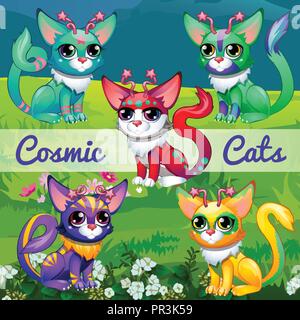 Lustige Poster mit Bild des kosmischen Katzen. Sample Design Plakat mit niedlichen lustige Tiere. Vektor cartoon Close-up Abbildung. Stock Vektor