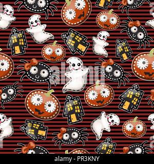 Textur von niedlichen Figuren Halloween Urlaub auf gestreiften Hintergrund isoliert. Skizze für Karte, nahtlose Textur für Geschenkpapier auf Thema Urlaub der böse Geist Halloween. Cartoon Vektor close-up. Stock Vektor