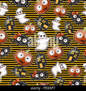 Textur von niedlichen Figuren Halloween Urlaub auf gestreiften Hintergrund isoliert. Skizze für Karte, nahtlose Textur für Geschenkpapier auf Thema Urlaub der böse Geist Halloween. Cartoon Vektor close-up. Stock Vektor