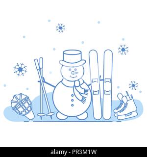 Winter im Freien genießen können. Schneemann mit Ski- und Hockey Ausrüstung. Vektor cartoon Skifahrer Symbol. Design für Werbung von aktiven Lebensstil. Stock Vektor