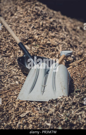 Zwei Holz- und Kunststoff Schaufeln auf einem Stapel von Späne in einem Sägewerk Stockfoto