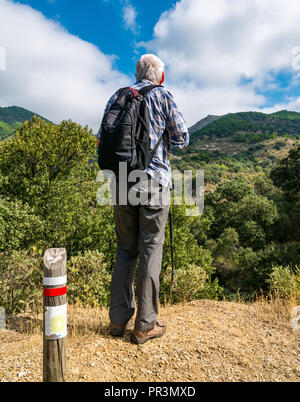 Ältere Mann mit Rucksack bewundernden Blick auf das Tal, GR Route 249 mit Holz- Marker post, Sierras de Tejeda, Salares, Axarquia, Andalusien, Spanien Stockfoto