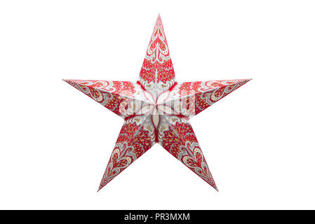 Christmas Ornament, rot-weißen Fünfstrahligen Stern. Auf einem weißen Hintergrund mit einen Freistellungspfad isoliert. Stockfoto