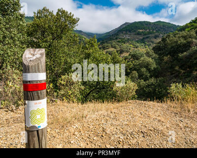 GR Route 249 mit Holz- Marker Post vor Salares, Sierras de Tejeda Naturpark, Axarquia, Andalusien, Spanien Stockfoto