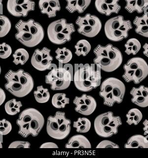 Die Beschaffenheit des menschlichen Schädels auf schwarzem Hintergrund isoliert. Skizze für Karte, nahtlose Textur für Geschenkpapier auf Thema Urlaub der böse Geist Halloween, Dia de Los Muertos. Cartoon Vektor close-up. Stock Vektor