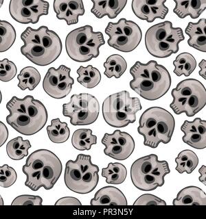 Die Beschaffenheit des menschlichen Schädels auf weißem Hintergrund. Skizze für Karte, nahtlose Textur für Geschenkpapier auf Thema Urlaub der böse Geist Halloween, Dia de Los Muertos. Cartoon Vektor close-up. Stock Vektor