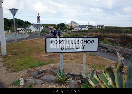 Drei Wanderer zu Fuß auf die Insel Anglesey Coastal Path im Bull Bay (Porth Llechog), Wales, UK. Stockfoto