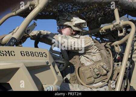 Us Marine Lance Cpl. Matthäus Fischer, rifleman mit Echo Company, 2 Bataillon 1. Marine Regiment, Marine Air Ground Task Force-8 (MAGTF-8) bereitet eine Utility Terrain Vehicle (Utv) in eine CH-53 Super Hengst Hubschrauber als Teil der Air Assault Course rehearsal Last, während integrierte Ausbildung Übung (ITX) 5-17 in der Marine Corps Air Ground Combat Center, Twentynine Palms, Calif., 23. Juli 2017. Der Zweck von ITX ist eine anspruchsvolle, realistische Umgebung, produziert combat ready"-Kräfte, die als integrierte Magtf zu erstellen. Stockfoto