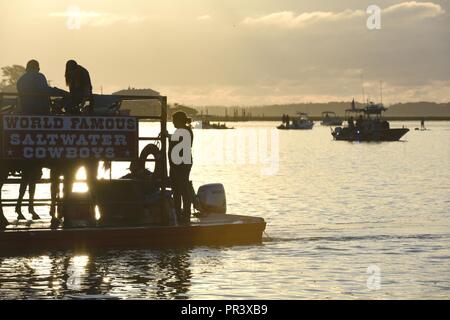 Ein Coast Guard 24-Fuß-Special Purpose Craft-Shallow Wasser Boot Besatzung von Station Lexington, Virginia, erzwingt eine Schutzzone während der 92. jährlichen Chincoteague pony Schwimmen in Assateague Kanal, 26. Juli 2017. Station Chincoteague Personal arbeitete mit lokalen Agenturen einen Pfad für Salzwasser Cowboys zu löschen, da Sie geführte eine Herde von wilden Ponys von Assateague Island zu Chincoteague Island. Stockfoto
