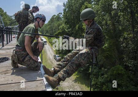 Ein U.S. Naval ROTC Midshipman rappels hinunter eine Wand während Karriere orientierte Ausbildung für die Midshipmen (CORTRAMID) Marine Woche, Camp Lejeune, N.C., 25. Juli 2017. Der Zweck der CORTRAMID ist es, den Studenten zu Chancen in der Fleet Marine zu entlarven und ein Interesse an einer Marine Corps Kommission generieren. Stockfoto