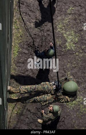 Ein U.S. Naval ROTC Midshipman rappels hinunter eine Wand während Karriere orientierte Ausbildung für die Midshipmen (CORTRAMID) Marine Woche, Camp Lejeune, N.C., 25. Juli 2017. Der Zweck der CORTRAMID ist es, den Studenten zu Chancen in der Fleet Marine zu entlarven und ein Interesse an einer Marine Corps Kommission generieren. Stockfoto