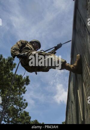 Ein U.S. Naval ROTC Midshipman rappels hinunter eine Wand während Karriere orientierte Ausbildung für die Midshipmen (CORTRAMID) Marine Woche, Camp Lejeune, N.C., 25. Juli 2017. Der Zweck der CORTRAMID ist es, den Studenten zu Chancen in der Fleet Marine zu entlarven und ein Interesse an einer Marine Corps Kommission generieren. Stockfoto