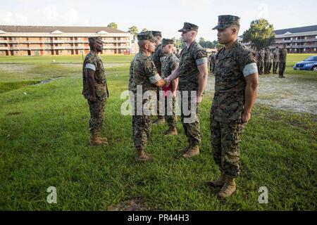 CAMP LEJEUNE, N.C. (September 5, 2018) US Marine Corps Oberst Farrell Sullivan, der kommandierende Offizier der 26 Marine Expeditionary Unit (MEU), beglückwünscht die neu gefördert Marines während der Werbeaktion Zeremonie in Camp Lejeune, N.C., September 5, 2018. Die 26. MEU Marines vor kurzem eine See-basierte Bereitstellung und wurden nach den Anforderungen für den aktuellen Rang befördert. Stockfoto