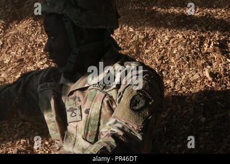 Pfc. Agblah, ein Fallschirmjäger mit 4 Infantry Brigade Combat Team (Airborne), 25 Infanterie Division, U.S. Army Alaska erholt sich nach Durchführung eines ordnungsgemäßen Fallschirmlandung fallen bei der Airborne Auffrischungsschulung Sept. 7, 2018. Fallschirmjäger verbringen viele Stunden Training richtig während Land Verletzungen während der Luft zu verhindern. Stockfoto