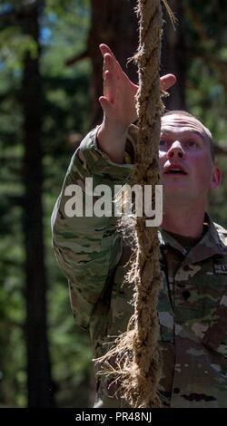 Spc. Joseph Tharp erstreckt sich für das Seil, als er durch das Vertrauen während der 2017 Madigan Army Medical Center Best Medic Wettbewerb auf Joint Base Lewis-McChord in Tacoma, WA arbeitet. Stockfoto