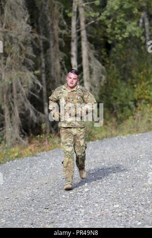 Alaska Army Guard Staff Sgt. Joshua Austin, 297Th Military Police Company, navigiert ein Hindernis Kurs während der 2019 Alaska Army National Guard besten Krieger Wettbewerb auf gemeinsamer Basis Elmendorf-Richardson, Sept. 6, 2018. Die besten Krieger Wettbewerb soll Soldaten in einer Reihe von geistig und körperlich anspruchsvolle Events im Laufe von 72 Stunden zu bestimmen, wer die beste Junior angeworben und noncommissioned Officer in der Alaska Army National Guard zu testen. Die Gewinner werden auf Weiter Alaska im Nordwesten Regional besten Krieger Wettbewerb für das Frühjahr 2019 geplant. Stockfoto