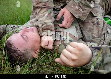 Ein Gegner Kragen drosseln Staff Sgt. Matthäus Hofmann bei der Bravo Company, 6 Squadron, 8th Cavalry Regiment, 2. gepanzerte Brigade Combat Team Level-one combatives Training in Fort Stewart, Ga., Sept. 6. Stockfoto