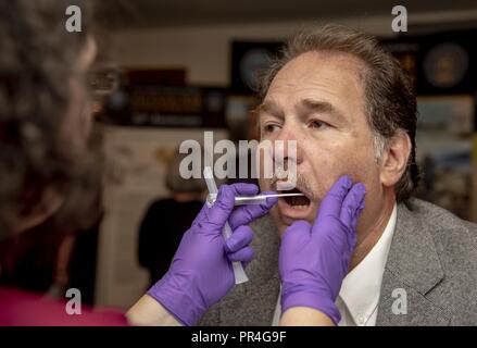 Lena Gunn (links), die Streitkräfte Medical Examiner System Streitkräfte DNA Identifical Labor DNA Analytiker, Putzlappen, die Wange von Damien Rispoli, Neffe von fehlenden Army Air Force Sgt Vincent J. Rispoli, 703Rd Bomb Squadron, 445Th Bomb Group (Heavy) Rumpfschütze, während eine Verteidigung POW/MIA Accounting Agentur Familie Mitglied Update in Philedelphia, Pa., Sept. 8, 2018. DNA-Analysten aus AFMES - Afdil vor Ort wurden DNA-Proben von Familienmitgliedern zu verwenden, was ein Abstrich der Wangenschleimhaut, die so ähnlich aussieht wie ein Wattestäbchen für die mitochondriale DNA, Y-DNA und autosomale DNA-Test zu sammeln. Stockfoto