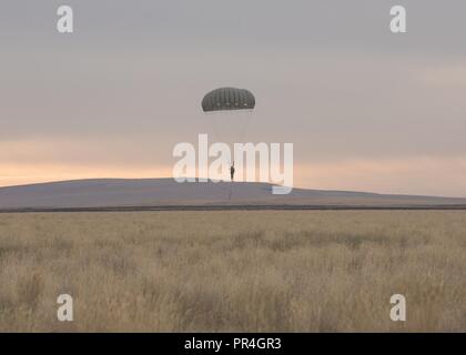 Flieger von der 124 Air Support Operations Squadron zusammen mit Soldaten aus dem ersten Bataillon, 19 Special Forces Group der Pennsylvania National Guard und Fallschirm rigger von der Indiana National Guard in statischen springt von einer UH-60 Black Hawk Hubschrauber auf das erste Bataillon zugeordnet teilnehmen, 183Rd Aviation Battalion der Idaho National Guard. Der Sprung zur Verfügung Soldaten und Piloten die Möglichkeit, miteinander zu arbeiten und die notwendigen Sprung Qualifikationen erhalten. Stockfoto