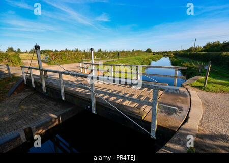 Hedging, Somerset, UK. 29. September 2018. UK Wetter. Sonnenschein und blauen Himmel an eine Hängebrücke, die über den Kanal in der Nähe von Bridgwater und Taunton Hedging in Somerset. Foto: Graham Jagd-/Alamy leben Nachrichten Stockfoto