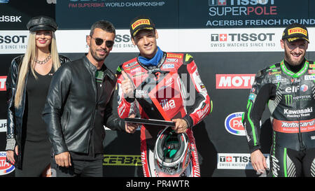 Lorenzo Savadori, ITA, Aprilia RSV 4 RF, Milwaukee Aprilia, SBK 2018, MOTO. 29 Sep, 2018. SBK Magny-Cours Grand Prix 2018, SuperPole, 2018, Circuit de Nevers Magny-Cours, Acerbis französische Runde, Frankreich, 29. September 2018 Maßnahmen während der SBK SuperPole der Acerbis Französisch Runden am 29. September 2018 Circuit de Nevers Magny-Cours, Frankreich Quelle: AFP 7/ZUMA Draht/Alamy leben Nachrichten Stockfoto