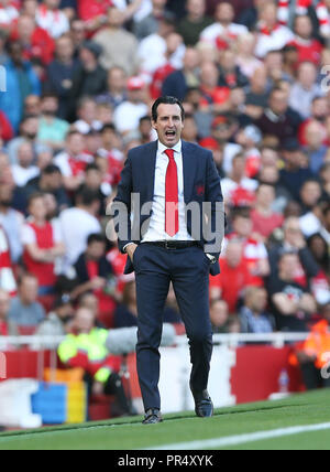 London, Großbritannien. 29. September 2018, Arsenal manager Unai Emery während der Premier League Spiel zwischen Arsenal und Watford im Emirates Stadium am 29. September 2018 in London, England. Credit: PHC Images/Alamy leben Nachrichten Stockfoto