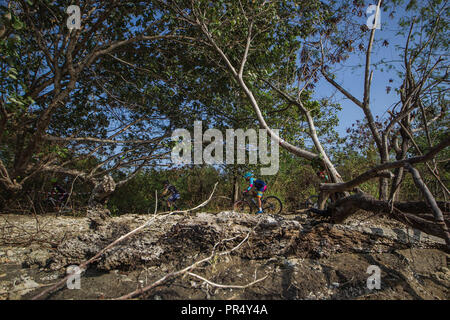 September 29, 2018 - Tanjung Lesung, Banten, Indonesien-MTB-Fahrer konkurrieren während Rhino MTB XC Marathon am Tanjung Lesung Wald in Banten, Indonesien am 29. September 2018. Mehr als 100 Sportler und Sportbegeisterte auf Rhino MTB XCM, einem offenen Mountainbike Cross Country marathon Turnier teil. Es hält auch die 2018 Rhino Cross Triathlon am Sonntag, dem 30. September die zweite Auflage des ersten Cross Triathlon Wettbewerb in Indonesien, die konkurriert 100 Triathleten aus 7 Ländern, darunter USA, Japan, den Niederlanden, Neuseeland und Frankreich. (Bild: © Afriadi Hikmal/ZUMA Draht Stockfoto