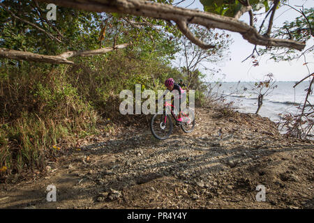 September 29, 2018 - Tanjung Lesung, Banten, Indonesien-MTB-Fahrer konkurrieren während Rhino MTB XC Marathon am Tanjung Lesung Wald in Banten, Indonesien am 29. September 2018. Mehr als 100 Sportler und Sportbegeisterte auf Rhino MTB XCM, einem offenen Mountainbike Cross Country marathon Turnier teil. Es hält auch die 2018 Rhino Cross Triathlon am Sonntag, dem 30. September die zweite Auflage des ersten Cross Triathlon Wettbewerb in Indonesien, die konkurriert 100 Triathleten aus 7 Ländern, darunter USA, Japan, den Niederlanden, Neuseeland und Frankreich. (Bild: © Afriadi Hikmal/ZUMA Draht Stockfoto